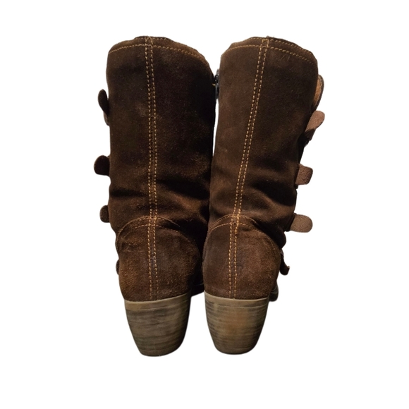 Studded Buckle Moto Boots Brown Suede Leather Mid-Calf Chunky Heel EU 41 - Picture 4 of 11